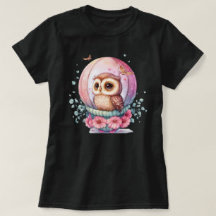 Camiseta Búho en una esfera de vidrio con flores rosas y co