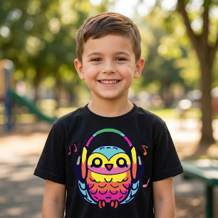 Camiseta Búho feliz con auriculares escuchando música.