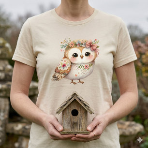 Camiseta Búho Floral Adorable con Lazo