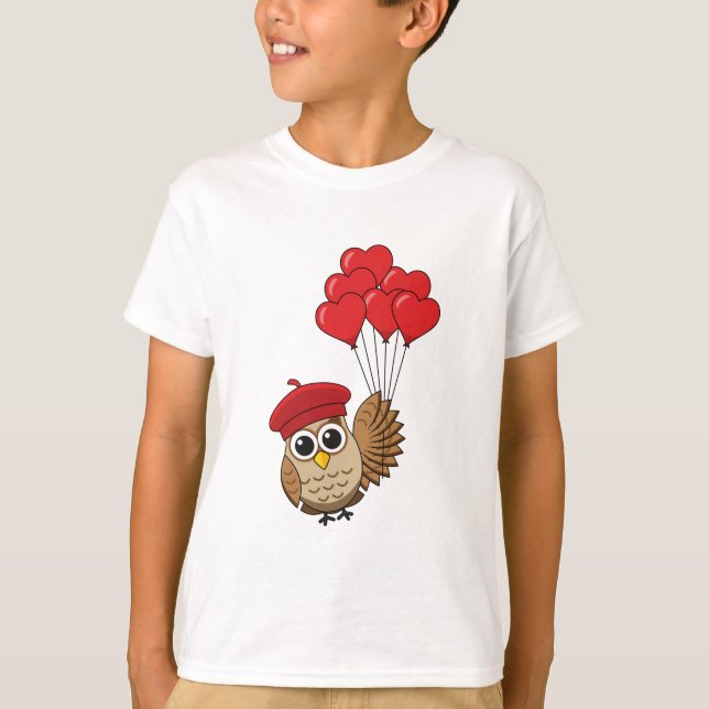 Camiseta Búho lindo volando con globos cardíacos (Anverso)
