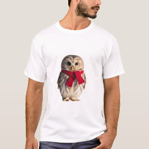 Camiseta Búho Pequeño Adorable con Bufanda Roja
