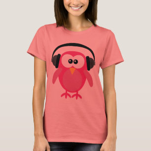 Camiseta Búho rosado lindo DJ con los auriculares