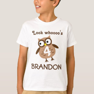 Camiseta Búho unisex A04 del moreno del 4to cumpleaños