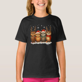 Camiseta Búhos Navideños Adorables con Gorros de Santa y Re