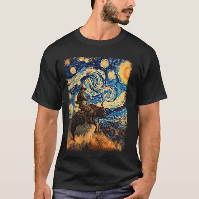 Camiseta Bull Rider Bull Riding Cowboy Starry Night Paintin (Anverso)