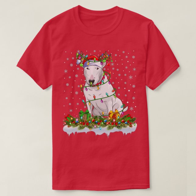 Camiseta Bull Terrier Dog Santa Hat Navidades de renos Ligh (Diseño del anverso)