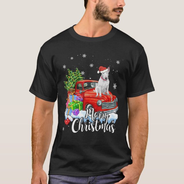 Camiseta Bull Terrier Montando Camión Rojo Feliz Navidad (Anverso)