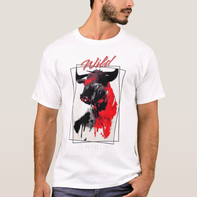 Camiseta Bull Wild Nature Free Spirit Art Pintura de pincel (Anverso)