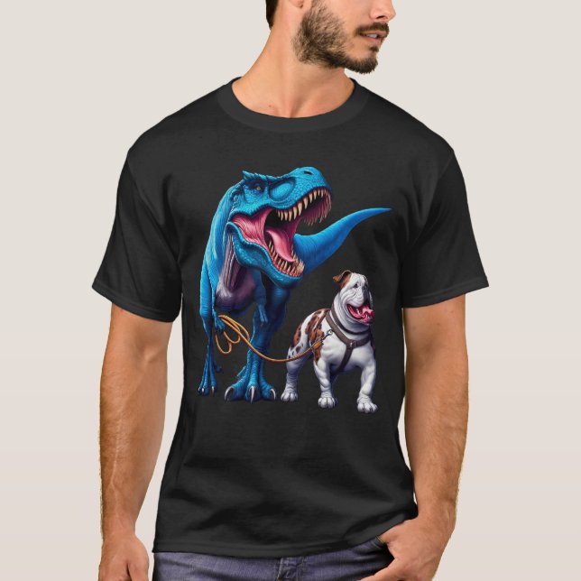 Camiseta Bulldog americano de dinosaurios divertidos pasean (Anverso)