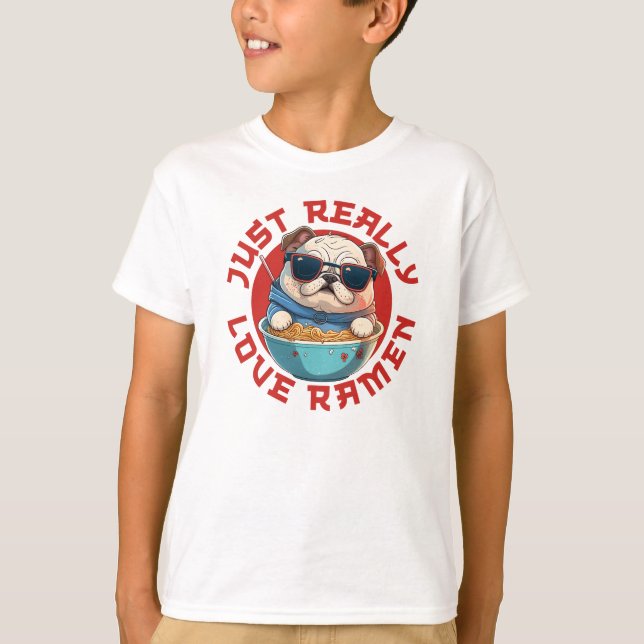 Camiseta bulldog comiendo ramen, amor comiendo fideos (Anverso)
