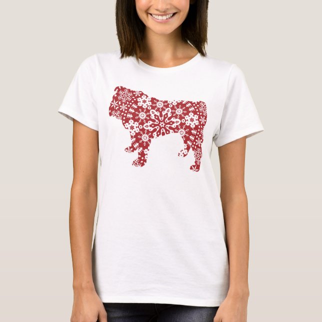 Camiseta Bulldog, copos de nieve rojos del navidad de Boho (Anverso)