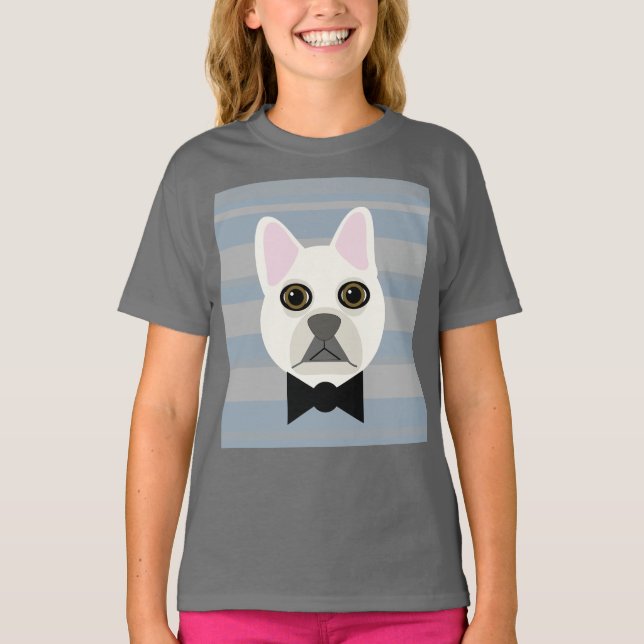 Camiseta Bulldog Francés Blanco, Rayas (Anverso)
