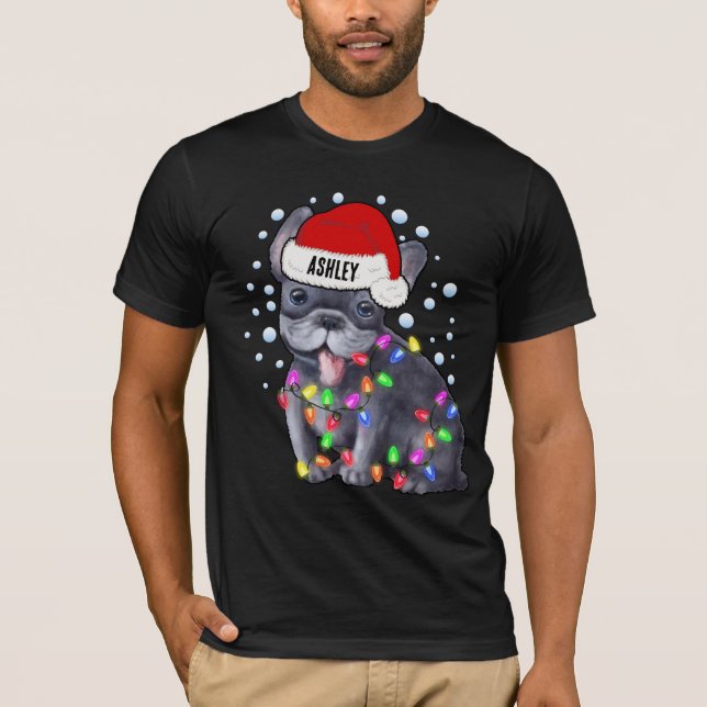 Camiseta Bulldog Francés Cachorro Perro Luces de Navidad (Anverso)