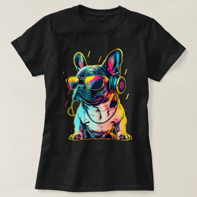 Camiseta Bulldog francés con auriculares y Sungl (Diseño del anverso)