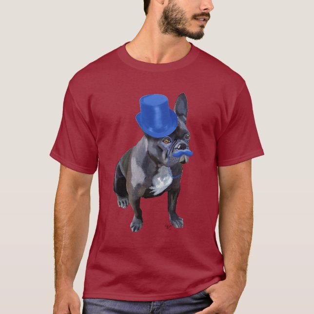 Camiseta Bulldog francés con sombrero azul superior y bigot (Anverso)