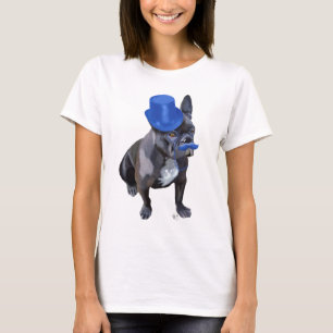 Camiseta Bulldog francés con sombrero azul y bigote