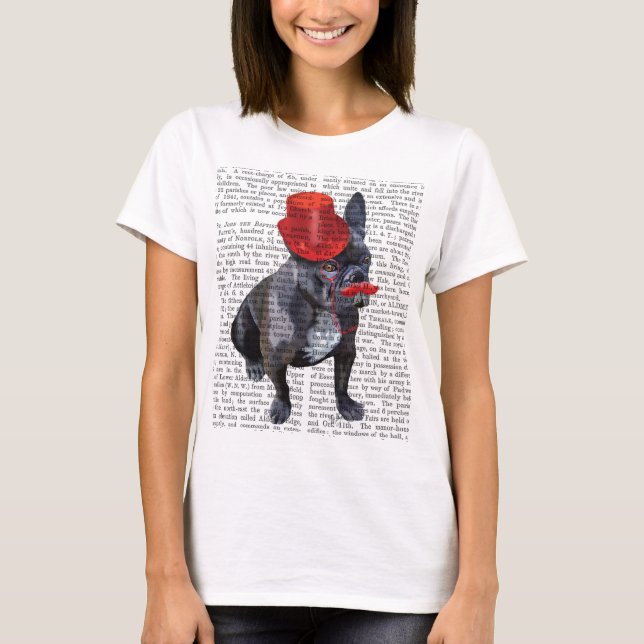 Camiseta Bulldog francés con sombrero rojo superior y bigot (Anverso)