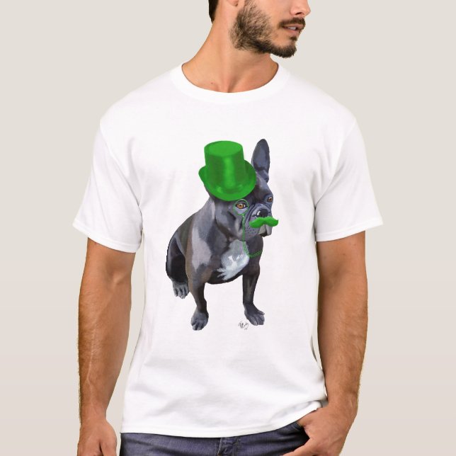 Camiseta Bulldog francés con sombrero verde superior y bigo (Anverso)