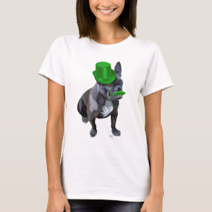 Camiseta Bulldog francés con sombrero verde y bigote