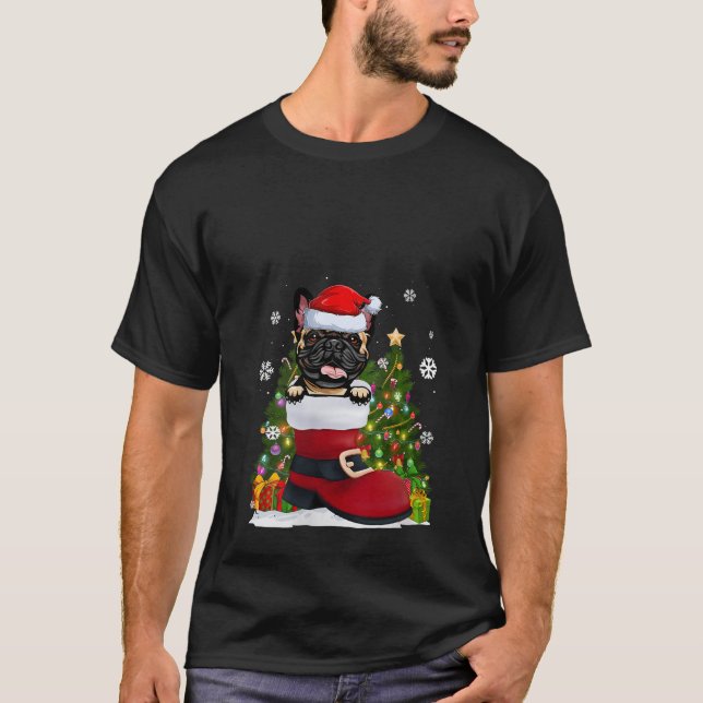 Camiseta Bulldog francés en el zapato Santa Hat una fea Nav (Anverso)