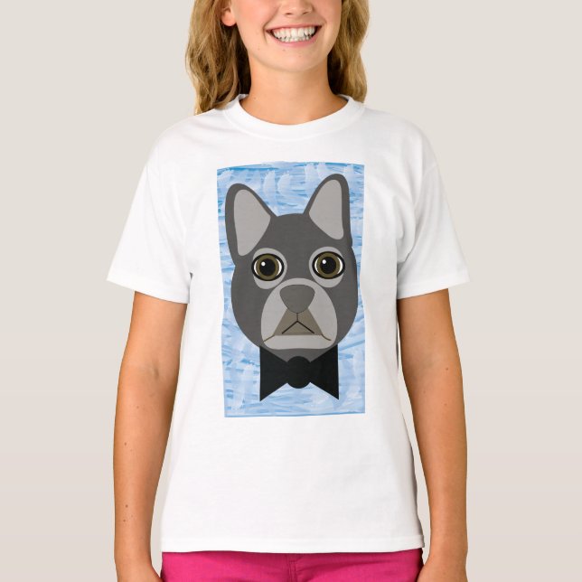 Camiseta Bulldog francés gris, azul acuarela (Anverso)