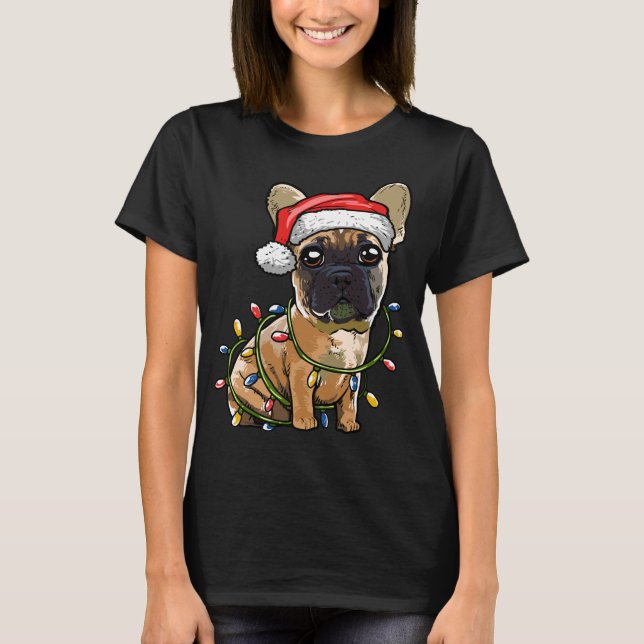 Camiseta Bulldog francés lindo Santa Christmas Tree Enfoca  (Anverso)