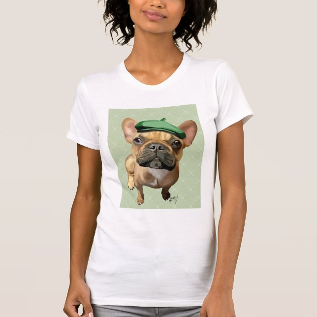 Camiseta Bulldog francés marrón con Gorra verde (Anverso)