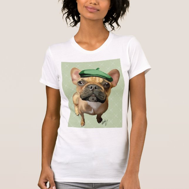 Camiseta Bulldog francés marrón con Gorra verde (Anverso)
