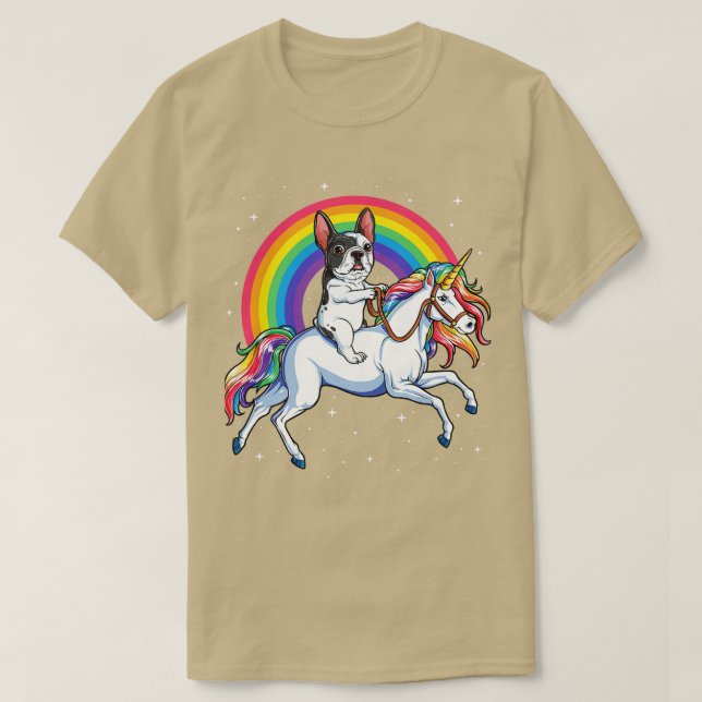 Camiseta Bulldog francés monta unicornio arcoiris para muje (Diseño del anverso)