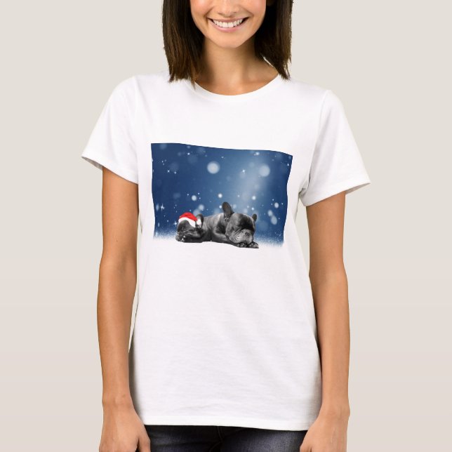 Camiseta Bulldog francés navidades Cachorros nieve sombrero (Anverso)