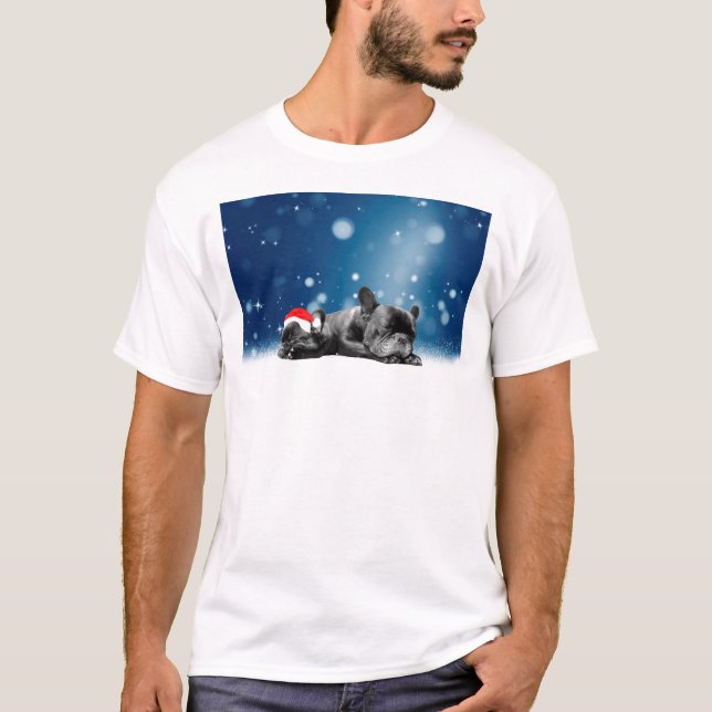 Camiseta Bulldog francés navidades Cachorros nieve sombrero (Anverso)