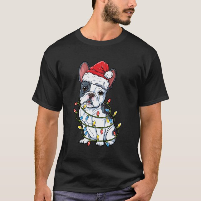 Camiseta Bulldog francés Santa Christmas Tree enciende Xmas (Anverso)