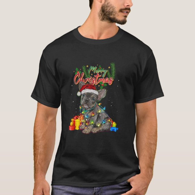 Camiseta Bulldog francés Santa Hat Árbol de navidad enciend (Anverso)