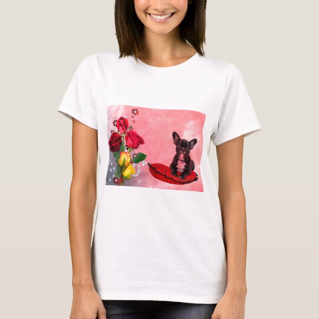 Camiseta Bulldog francés sentado sobre almohada cardíaca y  (Anverso)