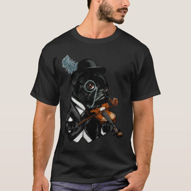 Camiseta Bulldog Frenchie de puro negro con violín (Anverso)
