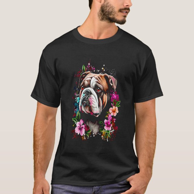 Camiseta Bulldog inglés acuarela con flores  132 (Anverso)