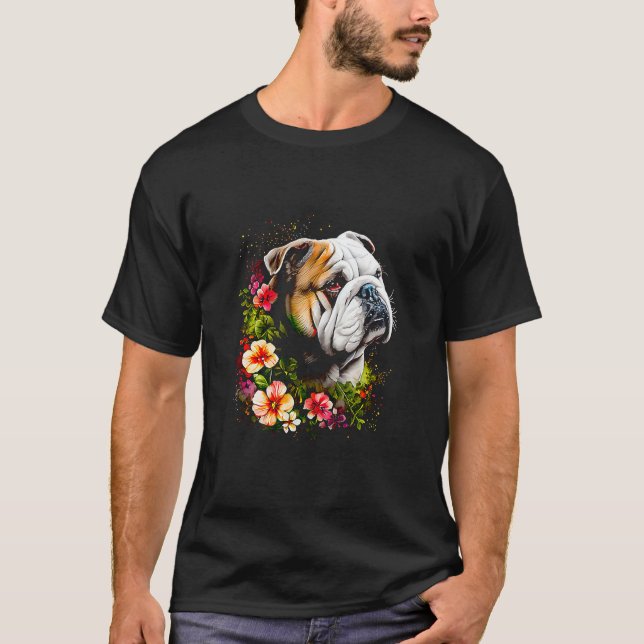 Camiseta Bulldog inglés acuarela con flores 68 (Anverso)