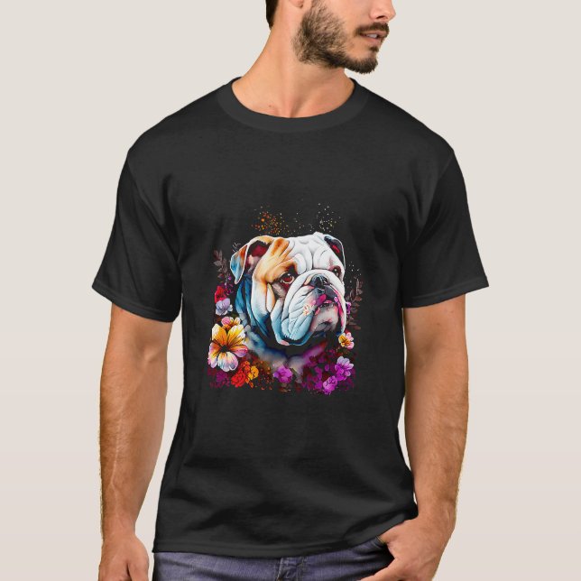 Camiseta Bulldog inglés acuarela con flores 94 (Anverso)