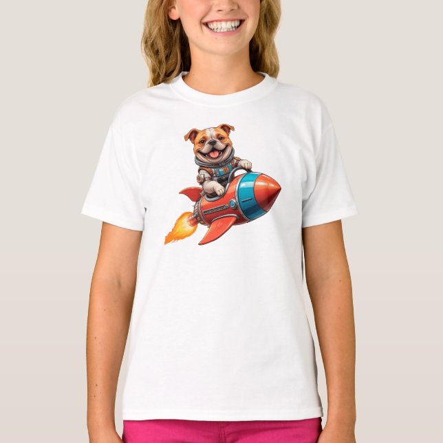 Camiseta Bulldog inglés Astronauta con paseo en cohetes - E (Anverso)