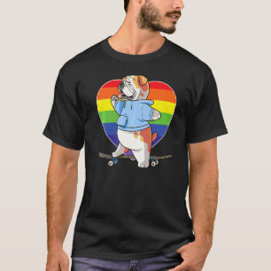 Camiseta Bulldog inglés lindo Skateboarder Rainbow Heart Sk