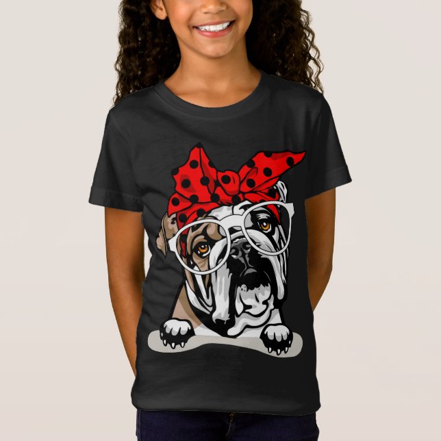 Camiseta Bulldog Inglés lindo Xmas Red Plaid Headband Y G (Anverso)