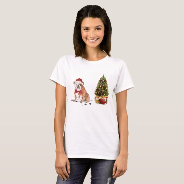 Camiseta Bulldog inglés Navidades graciosos perro con árbol (Anverso completo)