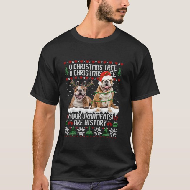 Camiseta Bulldog inglés Perro árbol de Navidad iluminan el  (Anverso)