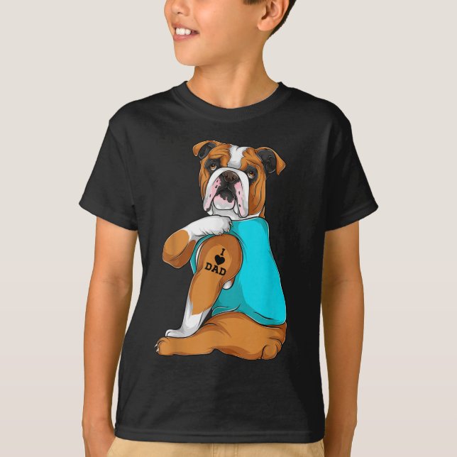 Camiseta Bulldog inglés que amo a papá vestido de tatuaje,  (Anverso)