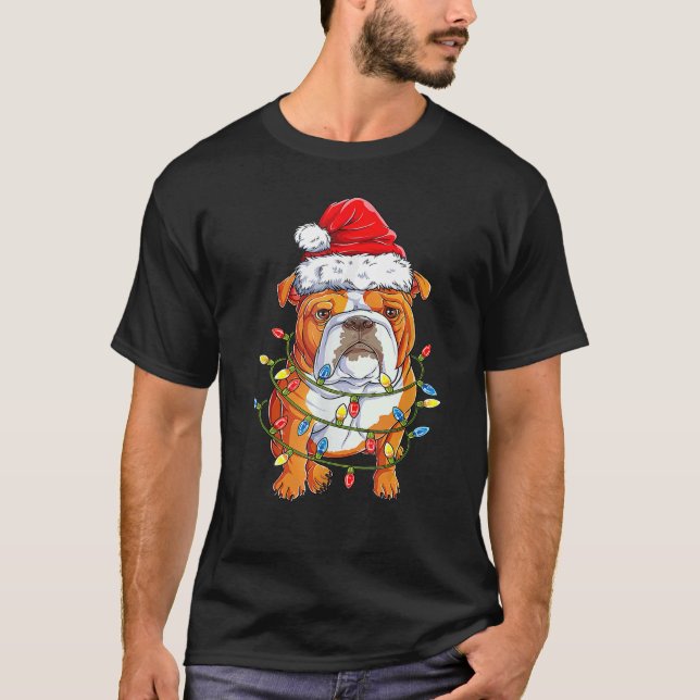 Camiseta Bulldog inglés Santa Christmas Tree Lights Xmas B (Anverso)