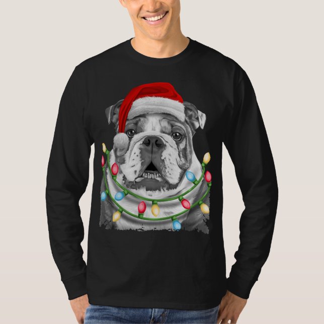 Camiseta Bulldog inglés Santa Christmas Tree Lights Xmas D (Anverso)