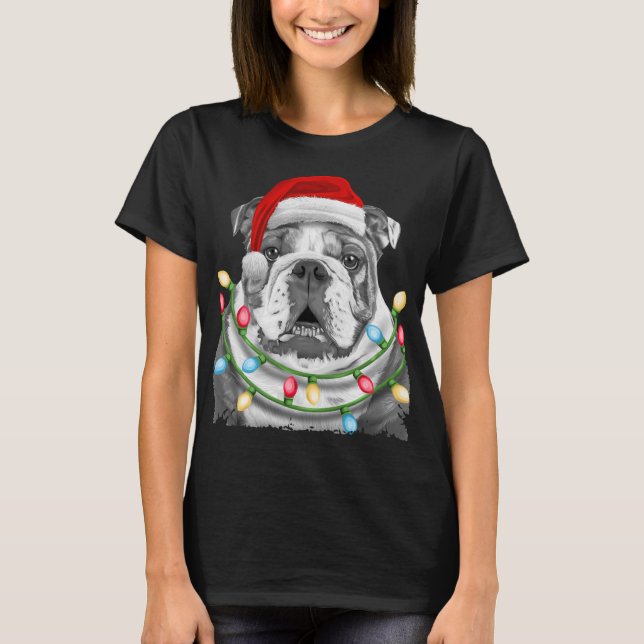 Camiseta Bulldog inglés Santa Christmas Tree Lights Xmas D (Anverso)