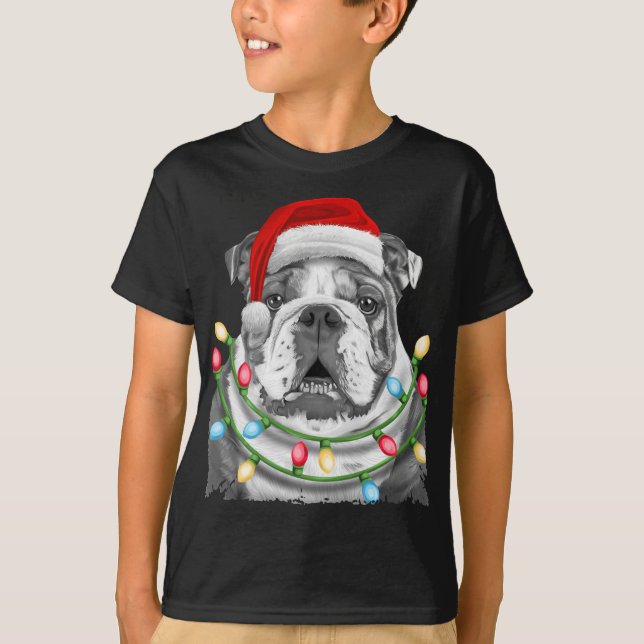 Camiseta Bulldog inglés Santa Christmas Tree Lights Xmas D (Anverso)