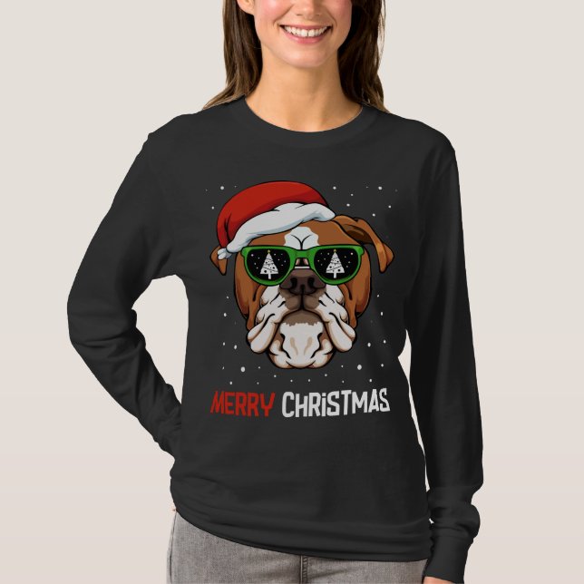 Camiseta Bulldog inglés Santa Hat Navidades Pajama Perro X- (Anverso)