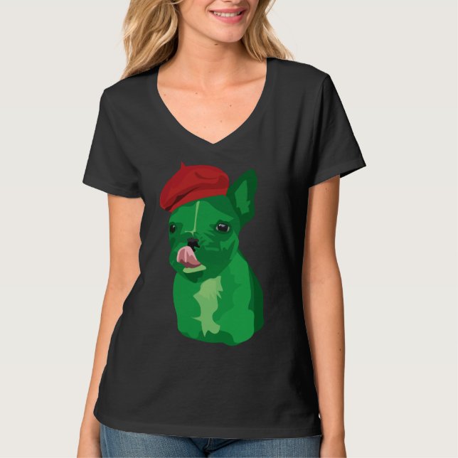 Camiseta Bulldog Verde Francés Con Beret (Anverso)